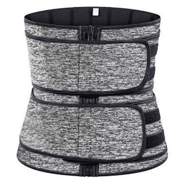 A gray and black waist trainer with two straps on a white background.