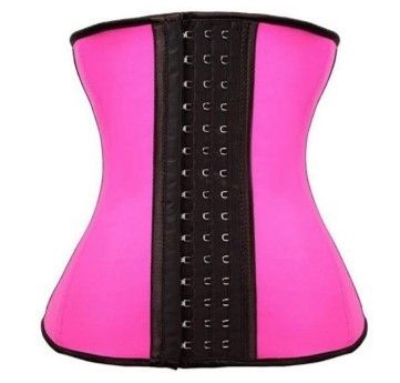 A pink corset with black hooks and buttons