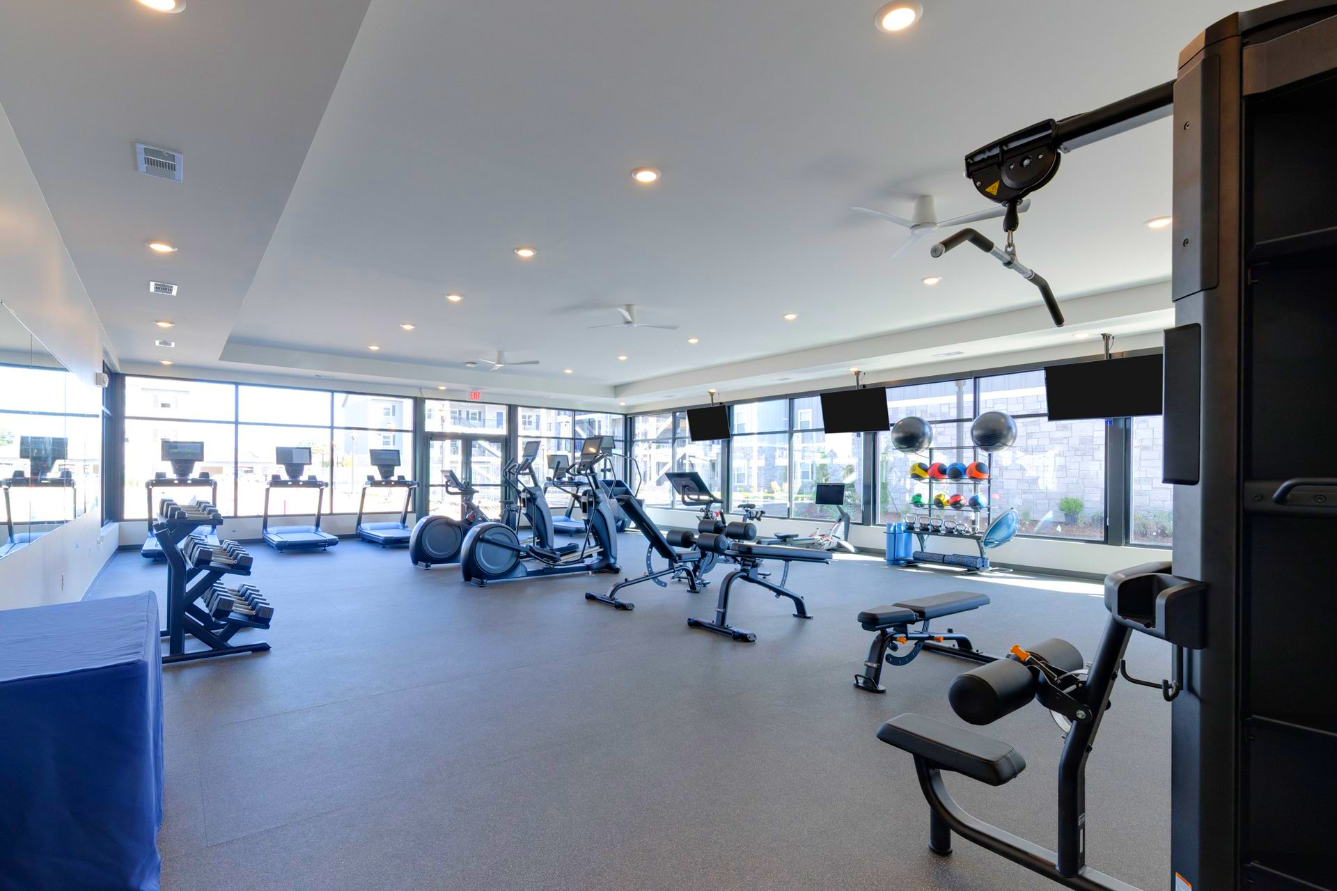 Gym interior with various exercise machines and weights, natural light, and dark gray floor.
