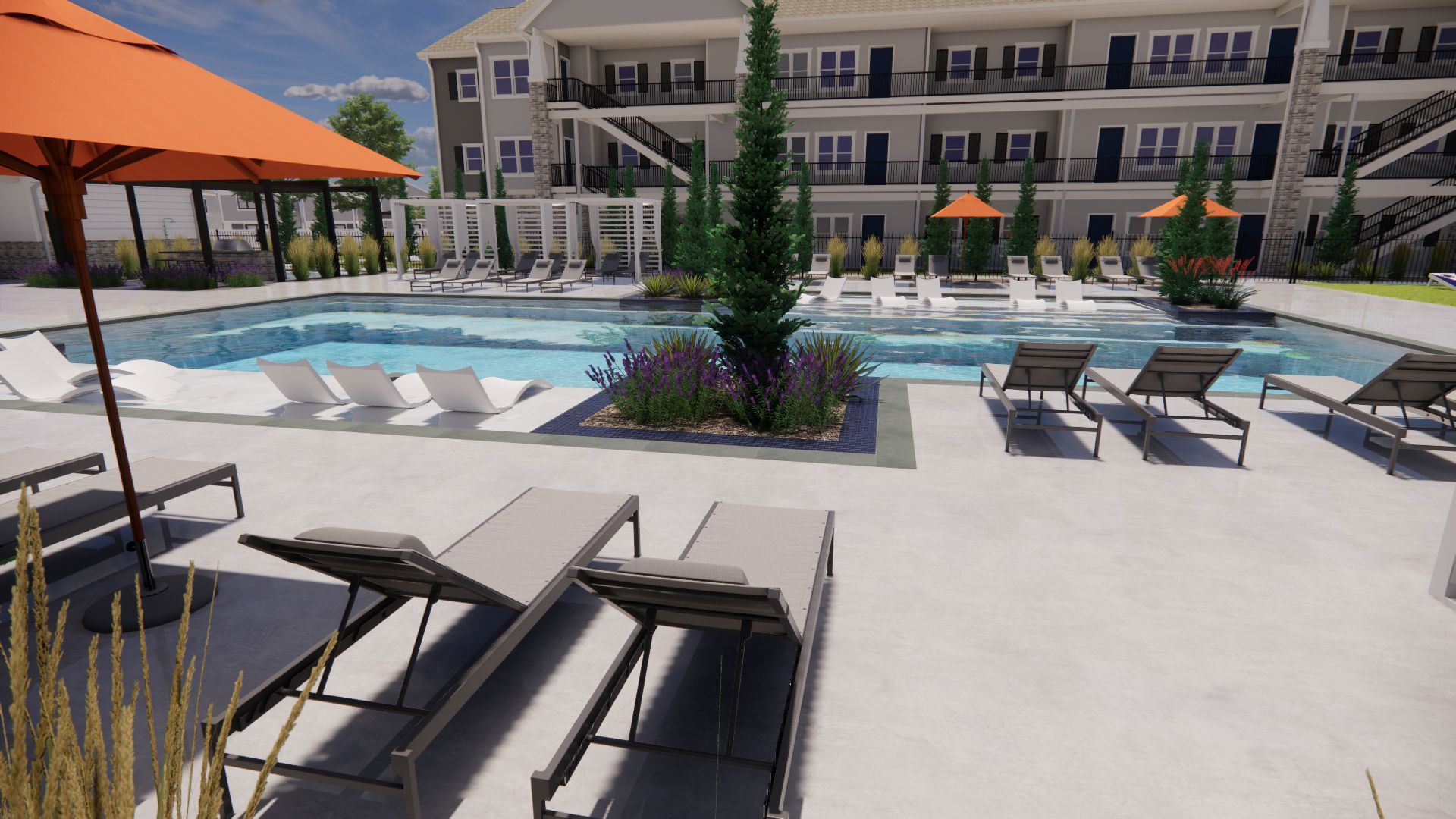 An artist 's impression of a large swimming pool surrounded by lounge chairs and umbrellas.