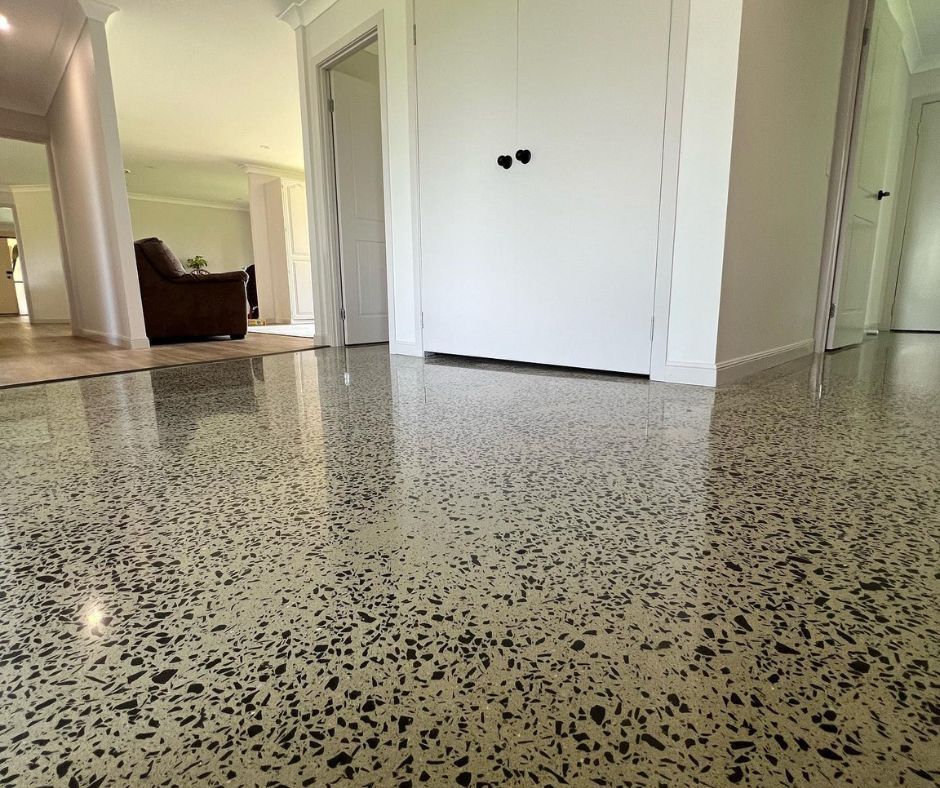 Polished concrete floors of a hallway