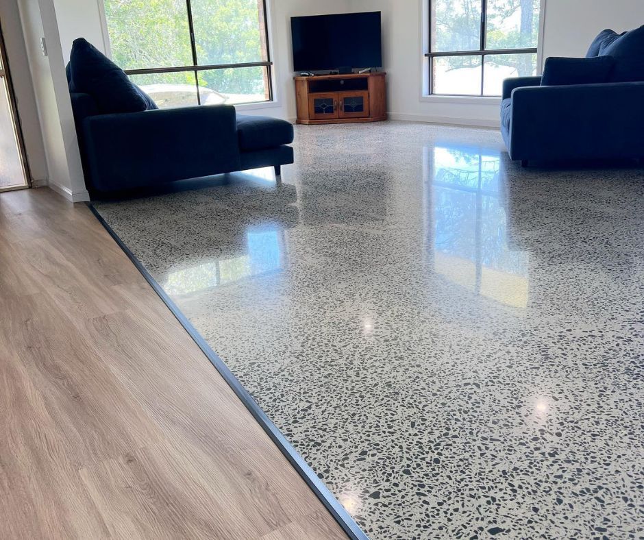 Polished concrete floors of a living room
