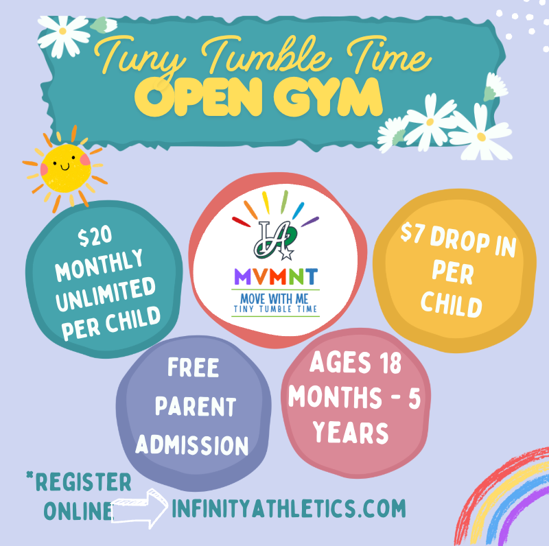 An advertisement for a tiny tumble time open gym