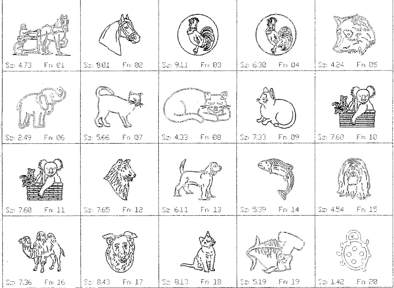 a black and white drawing of various animals on a white background