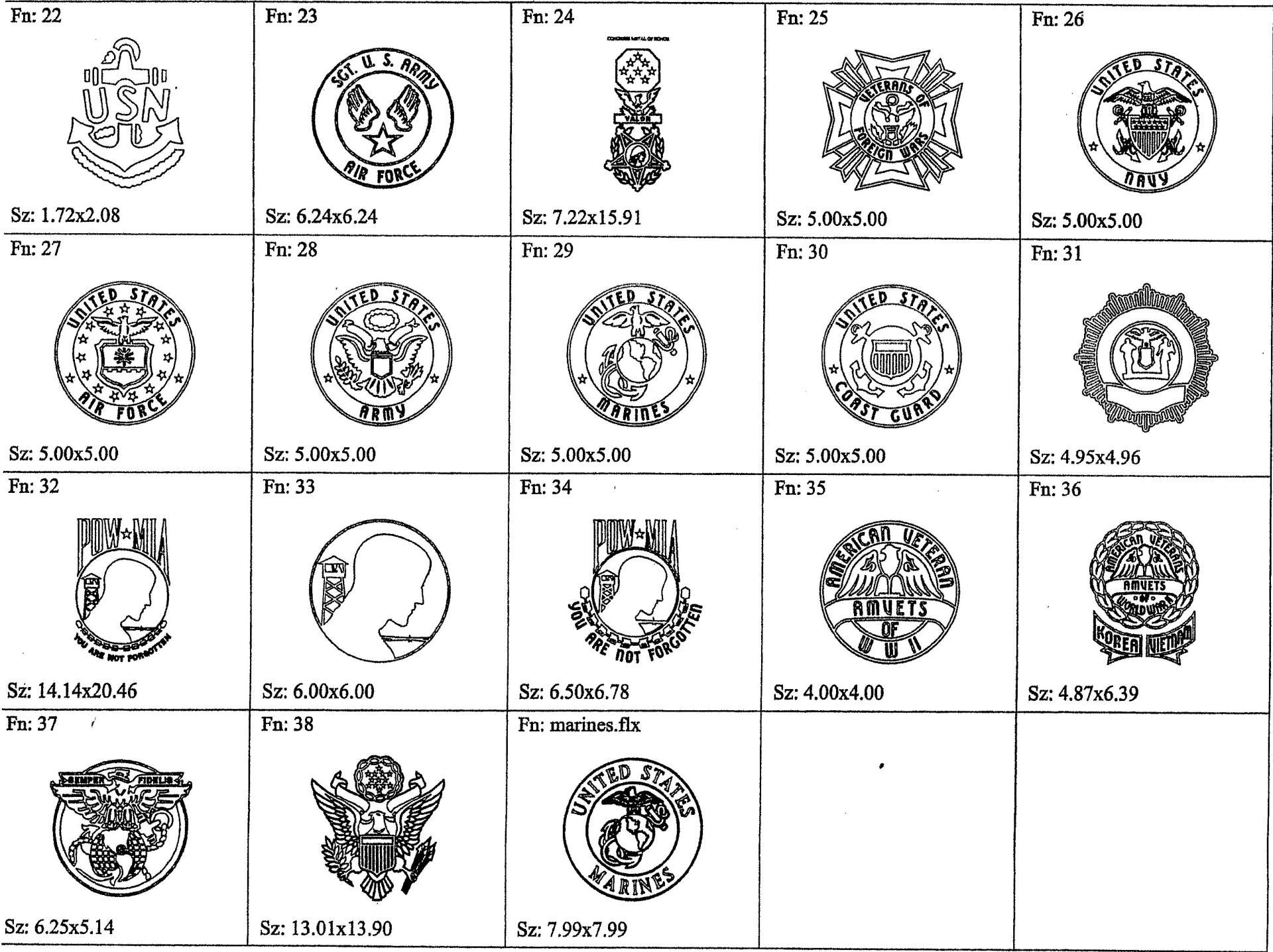 a black and white drawing of various emblems on a white background
