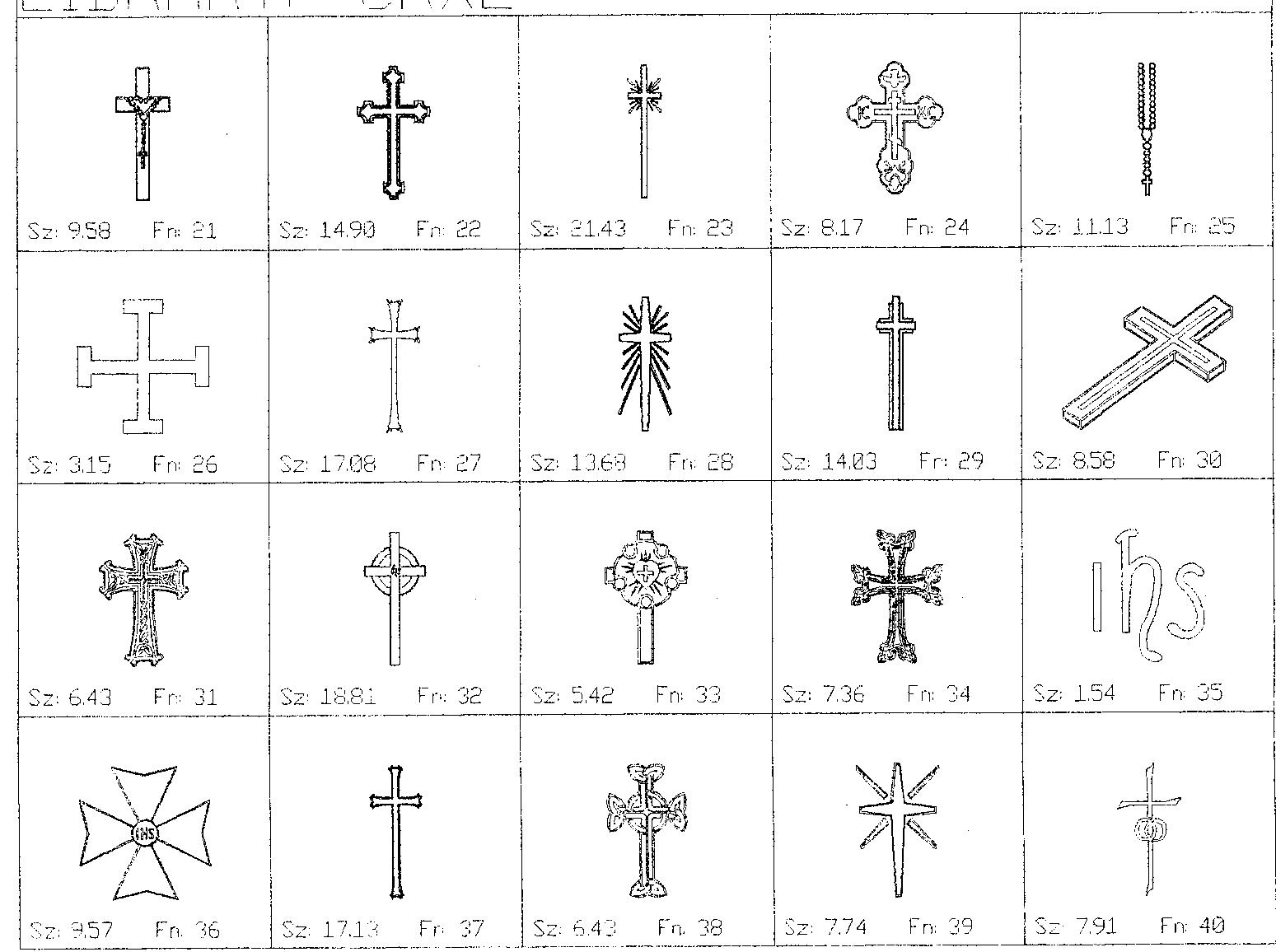 a black and white drawing of a variety of crosses