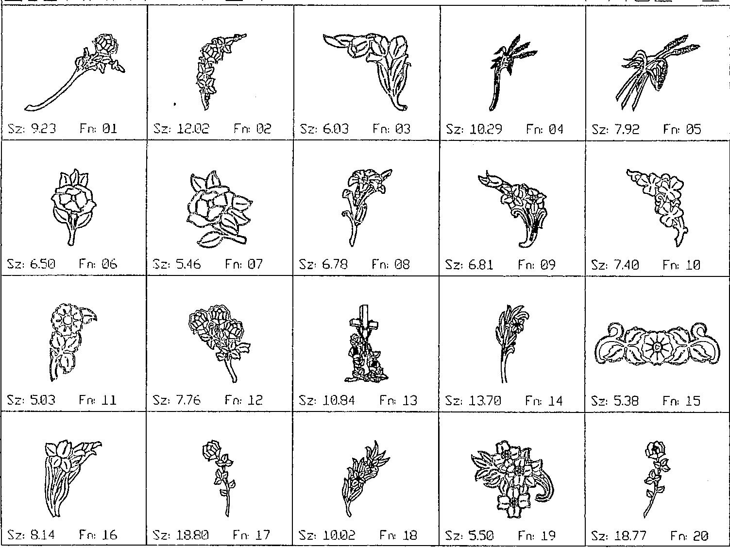 a black and white drawing of different types of flowers