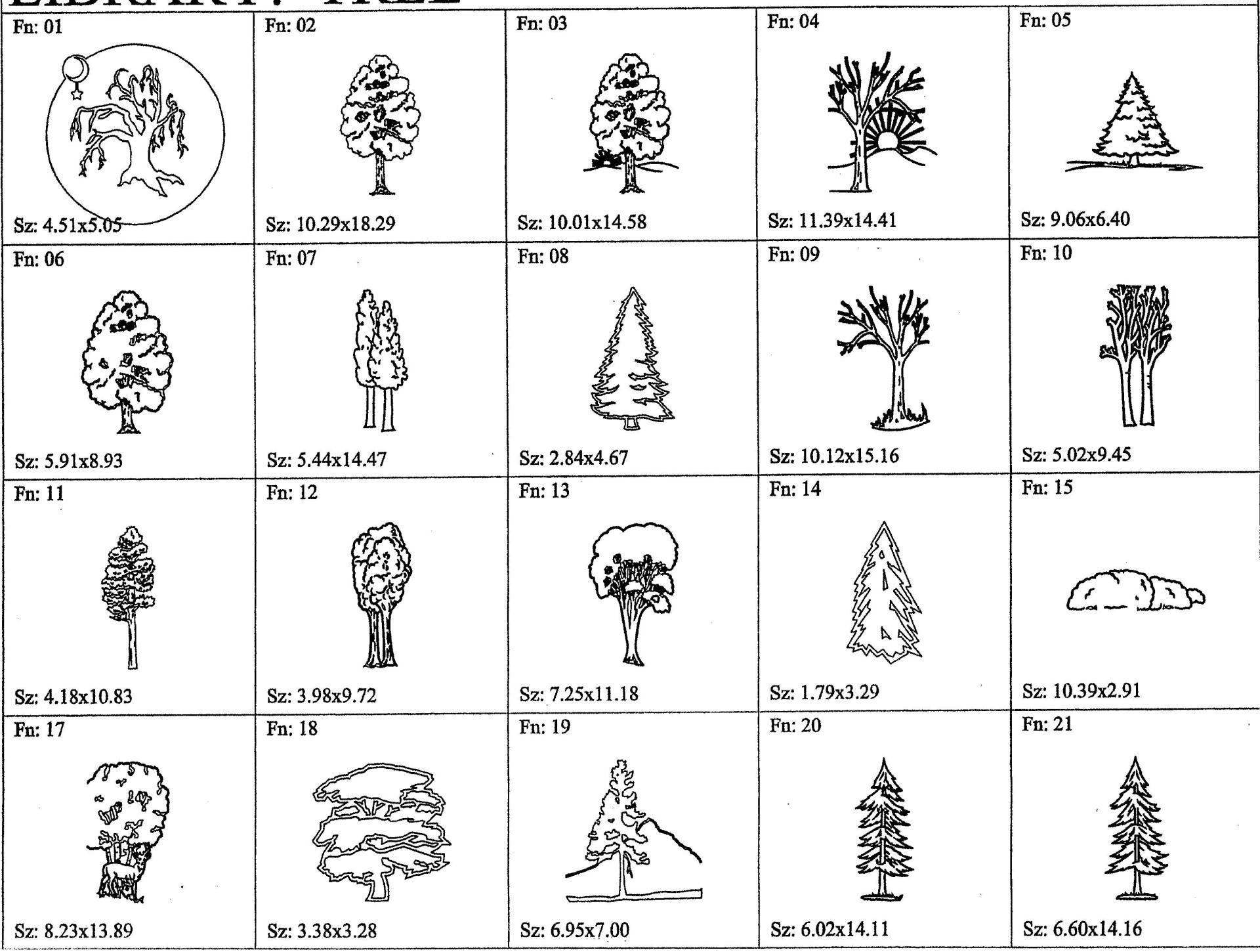 a black and white drawing of different types of trees
