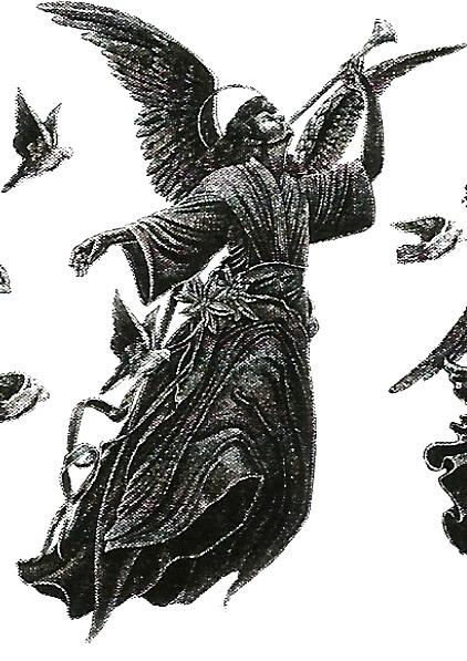 a black and white drawing of an angel blowing a trumpet