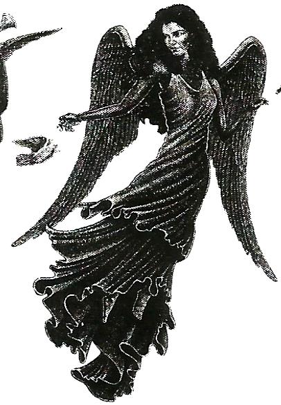 a black and white drawing of a woman with wings