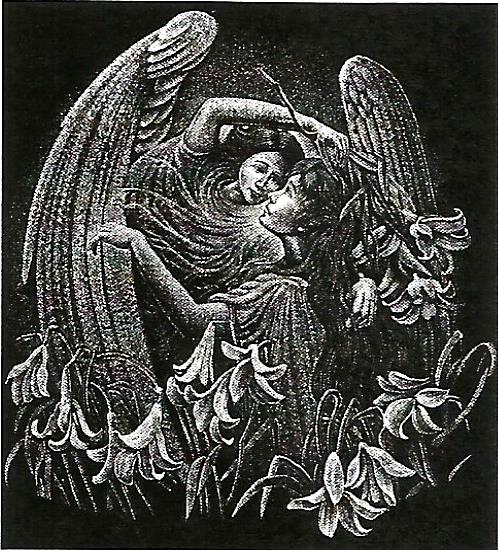 a black and white drawing of two angels kissing