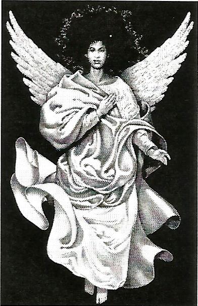 a black and white drawing of an angel holding a book