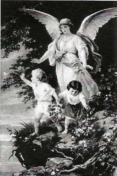 a black and white painting of an angel holding two children
