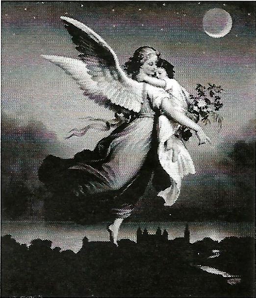 a black and white painting of an angel holding a child