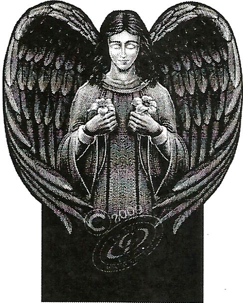 a black and white drawing of an angel with wings in the shape of a heart