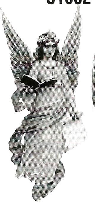 a black and white statue of an angel holding a book .