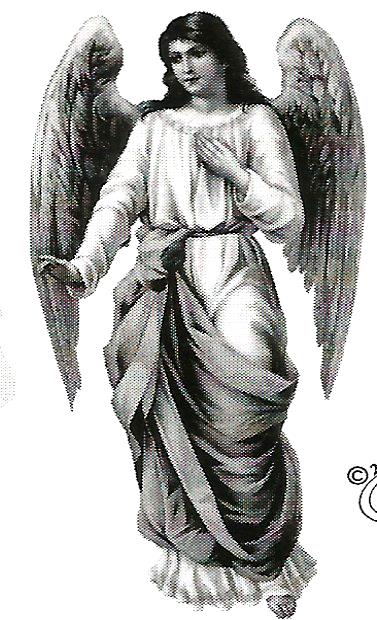 a black and white drawing of an angel with wings holding a book .