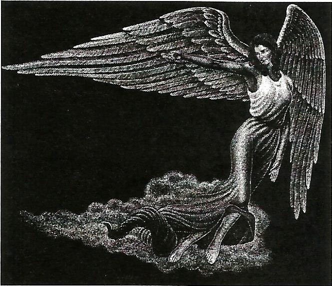 a black and white drawing of a woman with wings
