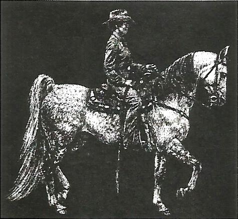 a black and white drawing of a man riding a horse