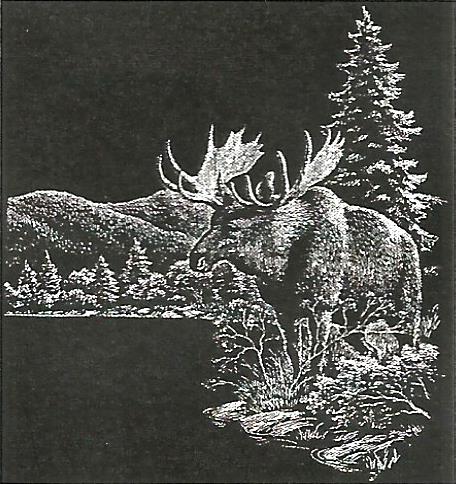 a black and white drawing of a moose in the woods