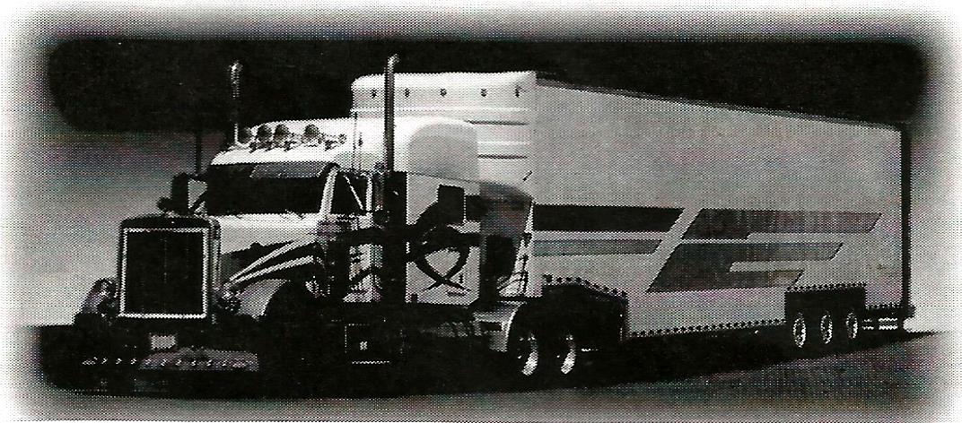 a black and white photo of a semi truck and trailer