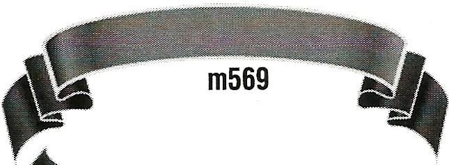 a black and white ribbon with the number m569 on it .