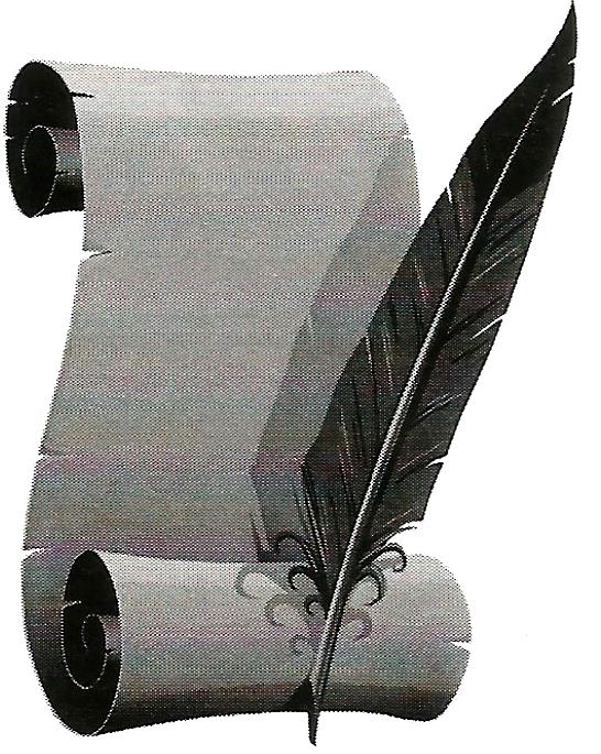 a scroll with a feather on top of it