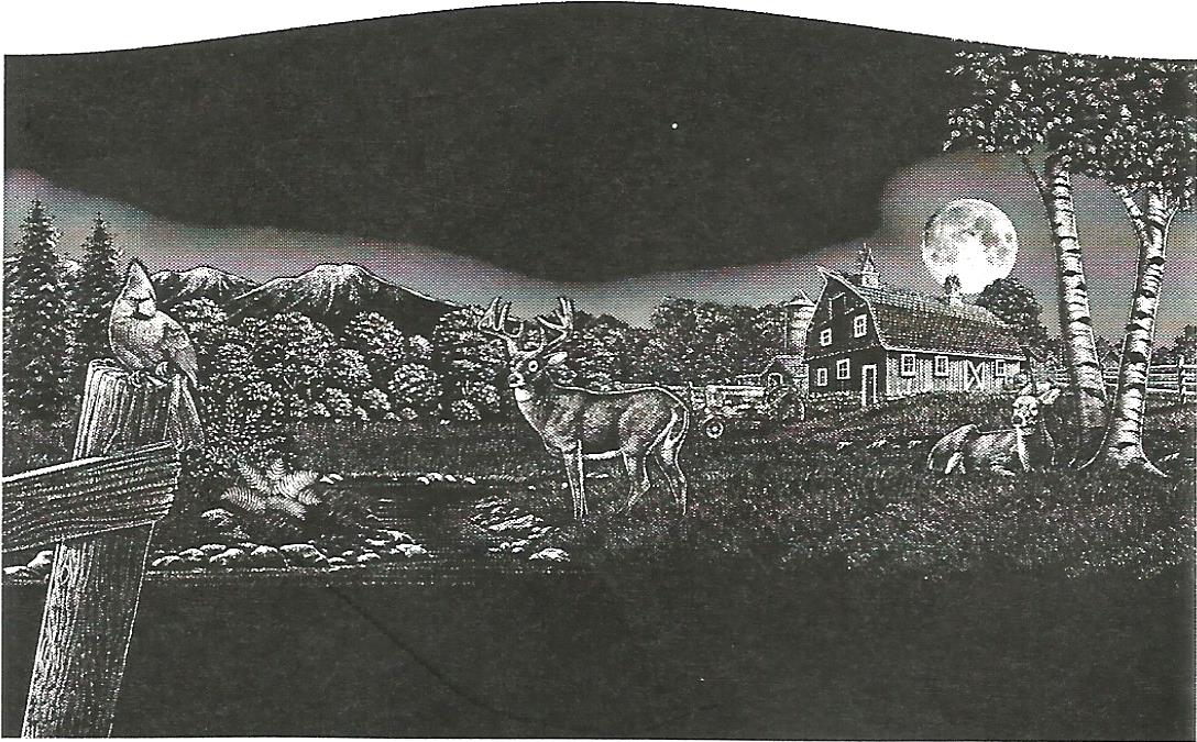 a black and white drawing of a full moon over a forest