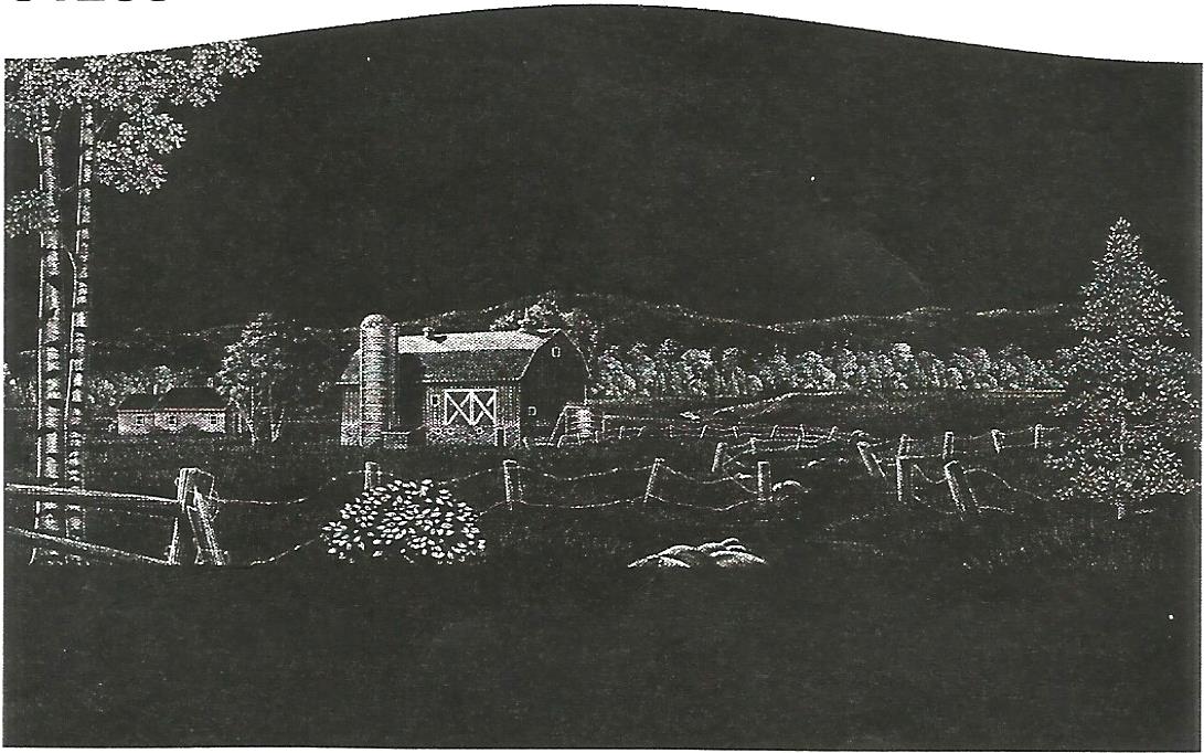 a black and white drawing of a house and trees