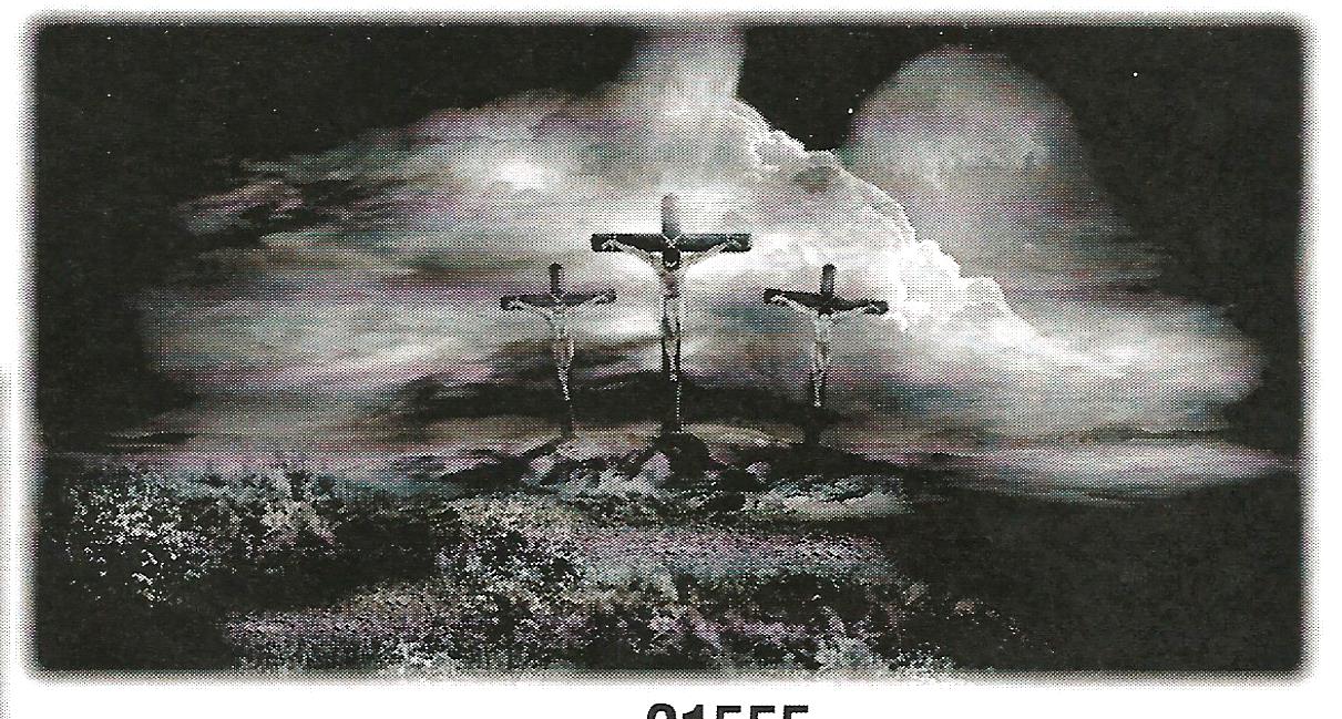 a black and white drawing of three crosses in the clouds