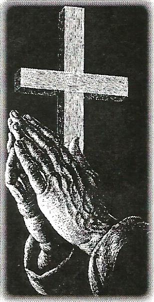 a black and white drawing of praying hands holding a cross .