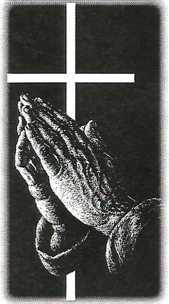 a black and white drawing of a person praying with a cross in the background .