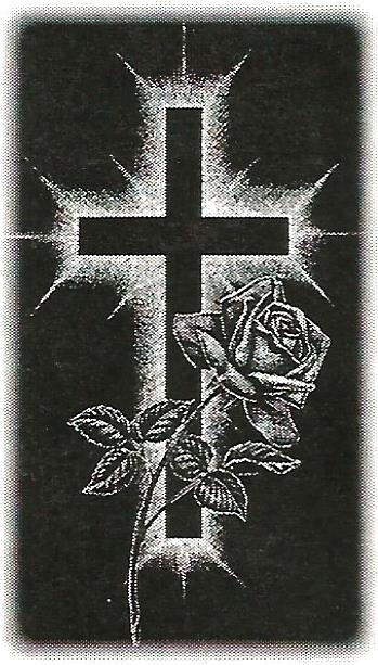 a cross with a rose in front of it on a black background