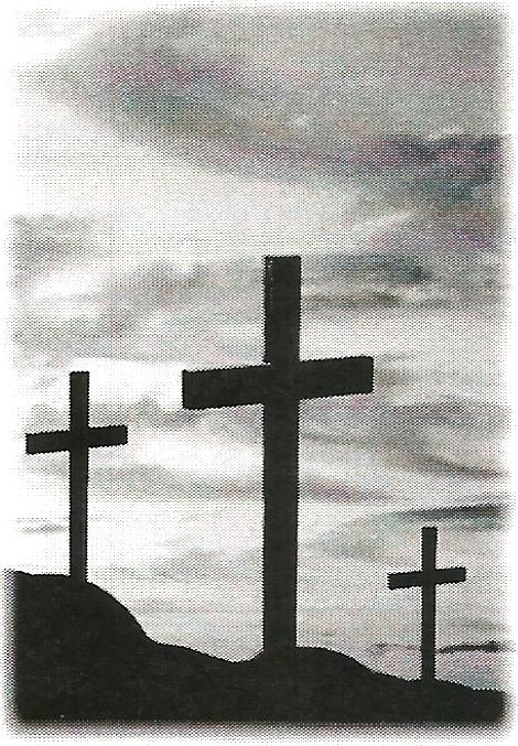 three crosses are silhouetted against a cloudy sky in a black and white photo .
