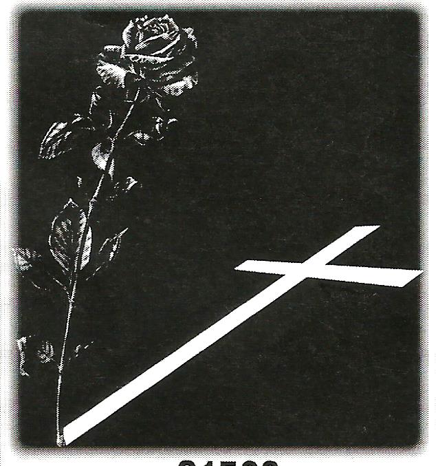 a black and white photo of a rose and a cross