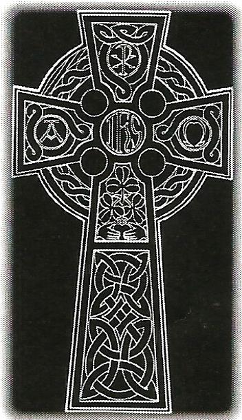 a black and white cross with a celtic design on a black background .