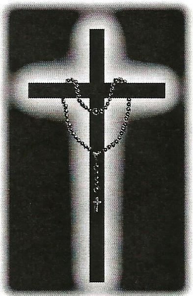 a black and white photo of a cross with a rosary attached to it
