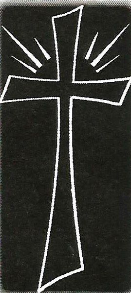 a black and white drawing of a cross with rays coming out of it .