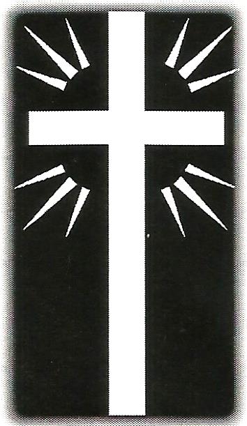 a black and white cross with rays coming out of it .
