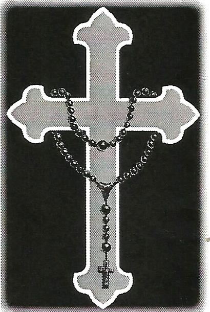 a cross with a rosary attached to it on a black background .