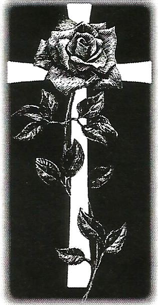 a black and white photo of a cross with a rose on it .