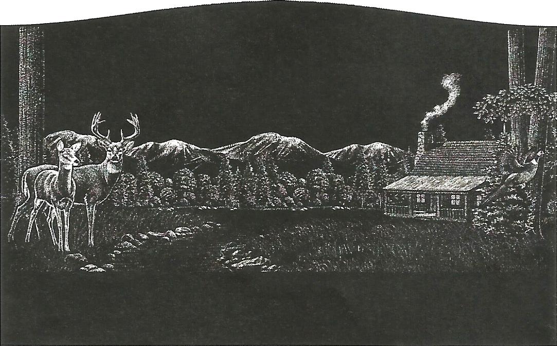 a black and white photo of a moose and a cabin