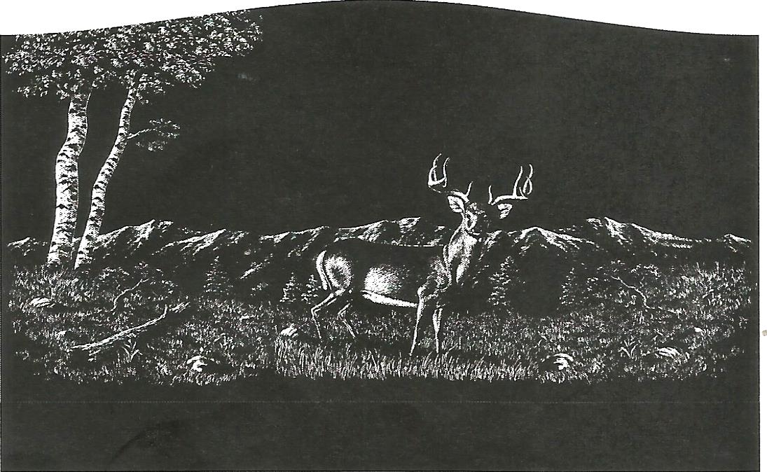 a black and white drawing of a deer and a tree