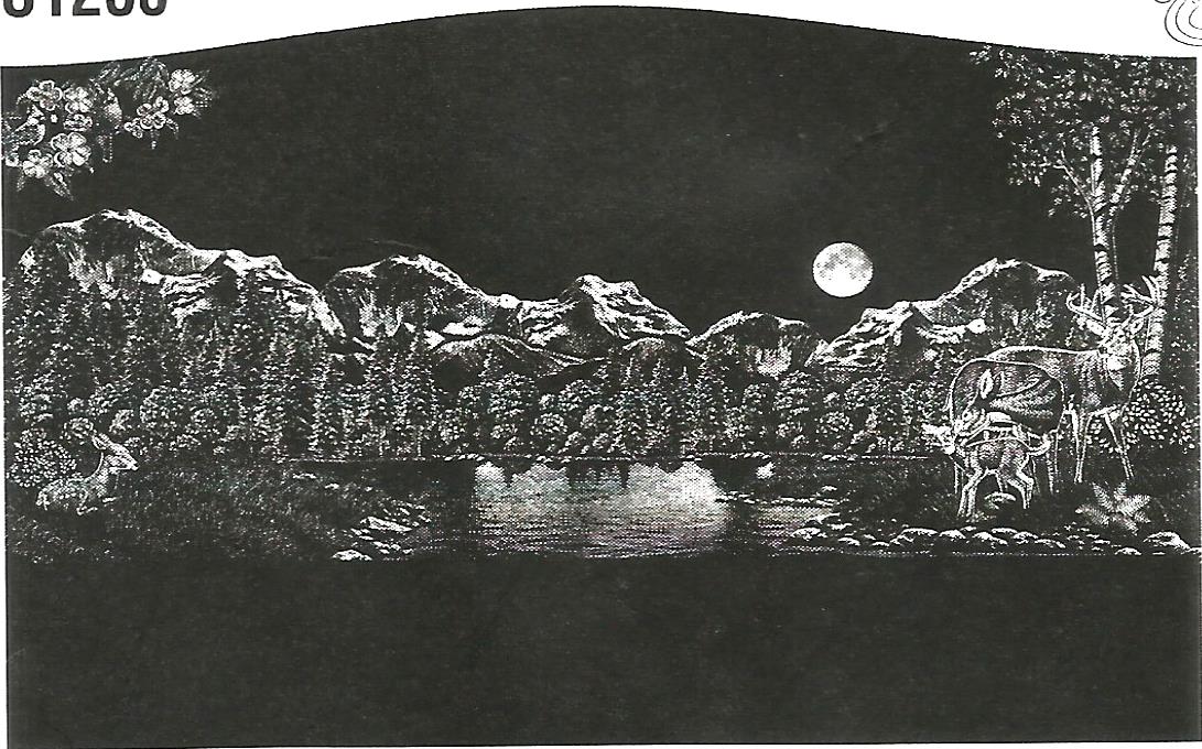 a black and white drawing of a lake at night with a full moon