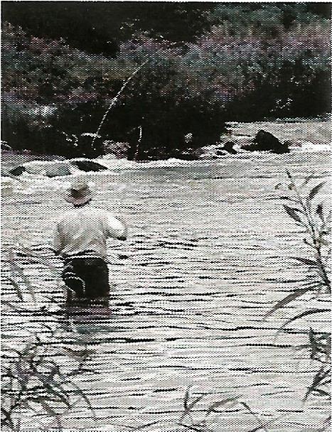 a black and white photo of a man fishing in a river