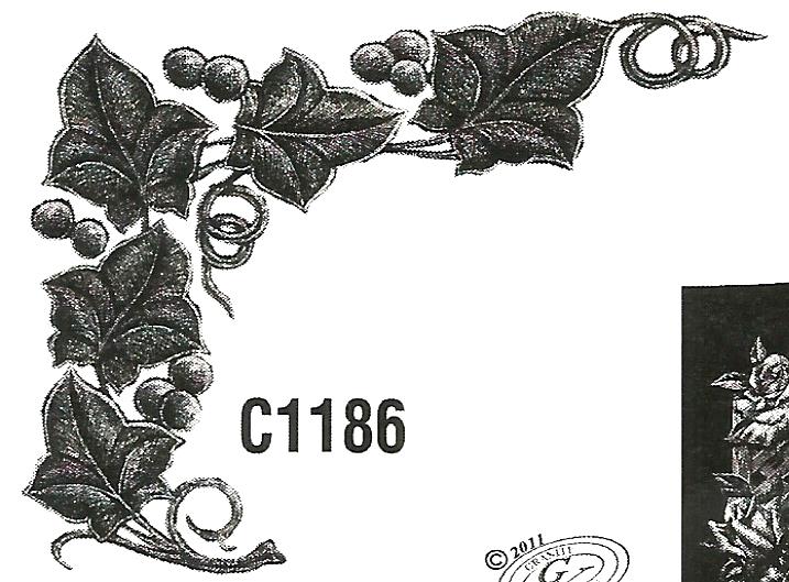 a black and white drawing of leaves and berries with the number c1186