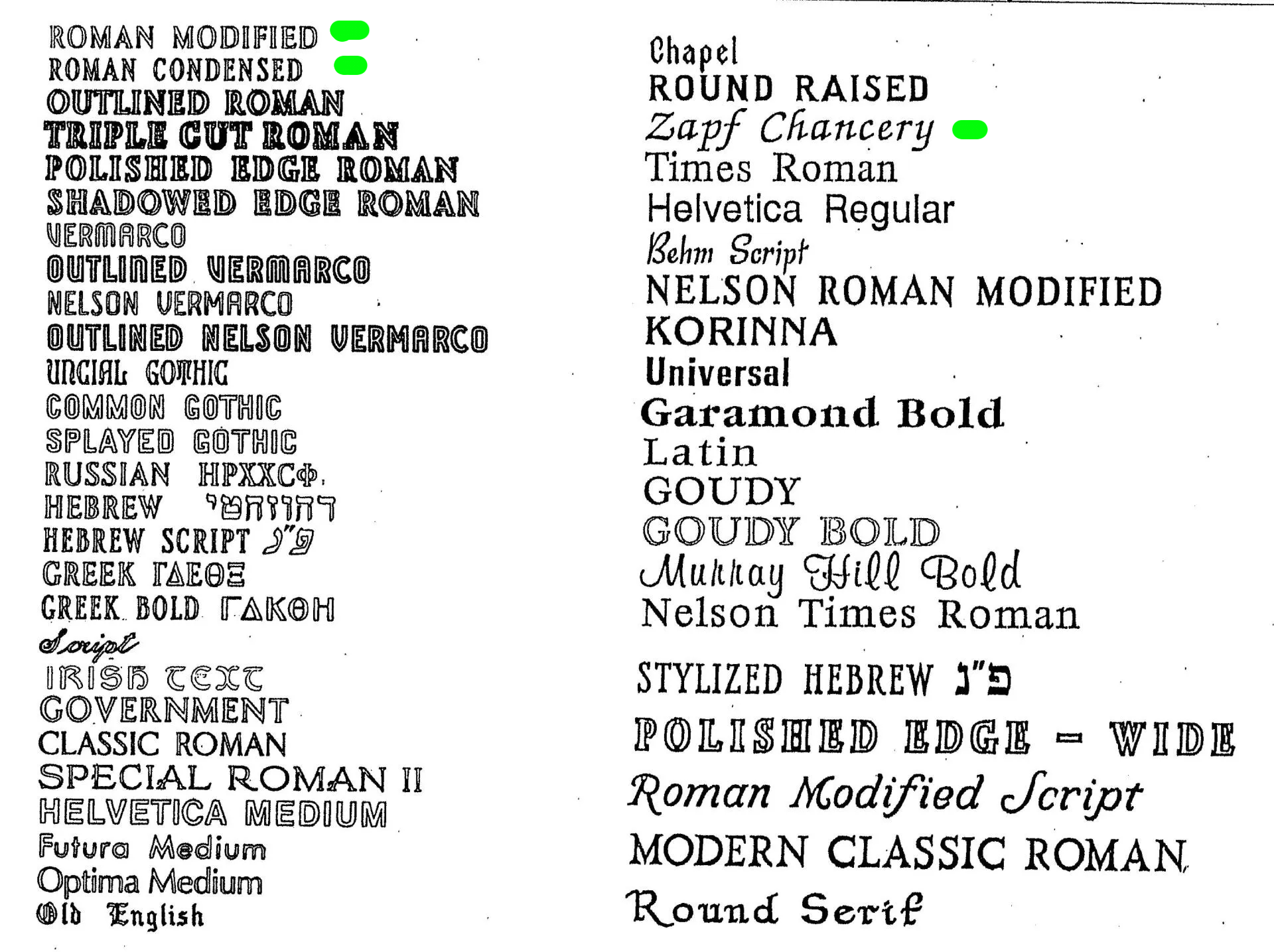 a list of different types of roman fonts on a white background