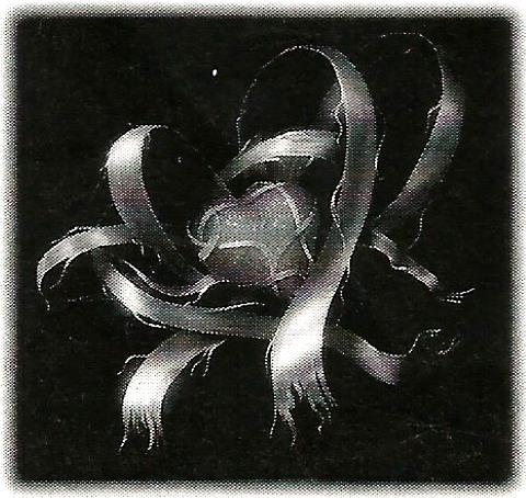 a black and white drawing of a flower with ribbons around it
