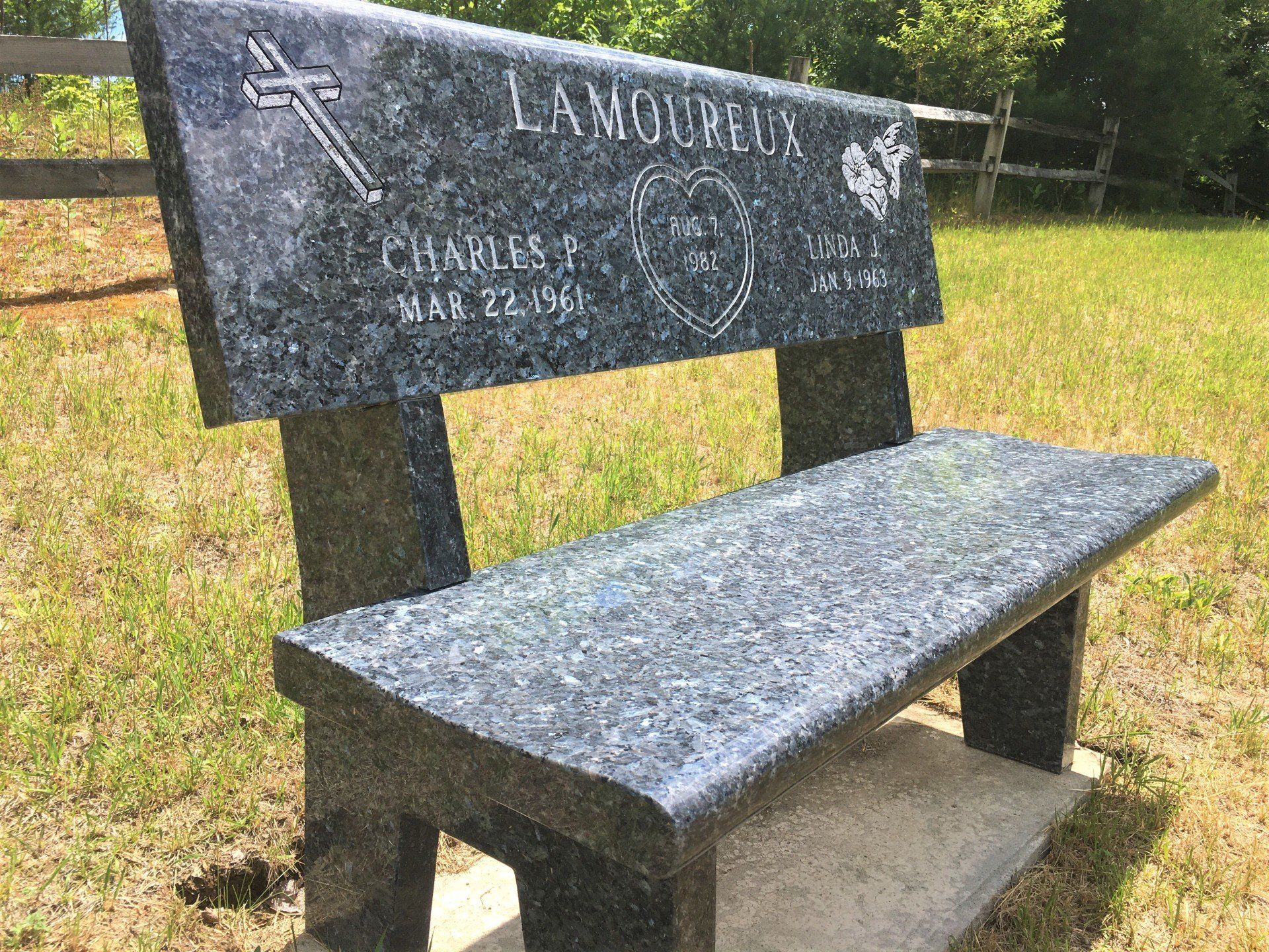 Blue pearl granite bench installed by Champlain Monuments.