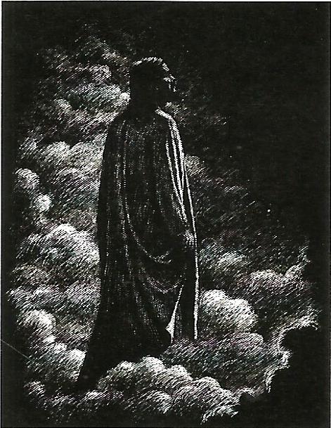 a black and white drawing of a man standing in the clouds